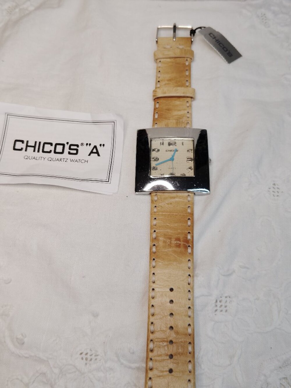 Chico’s “A” Series Quartz Watch • Square Silver Case • Camel Leather Band
